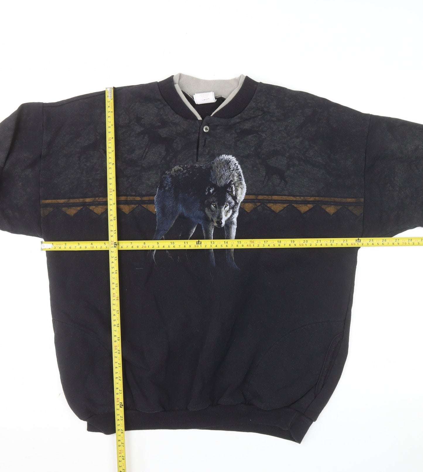 Artisans Sunschein Designs Men’s Black Wolf Graphic Henley Sweatshirt XL