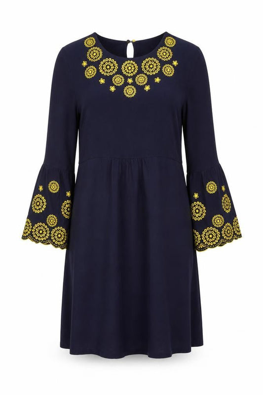 Boden Women's Blue Embroidered A-Line Long Sleeve Dress Size 10