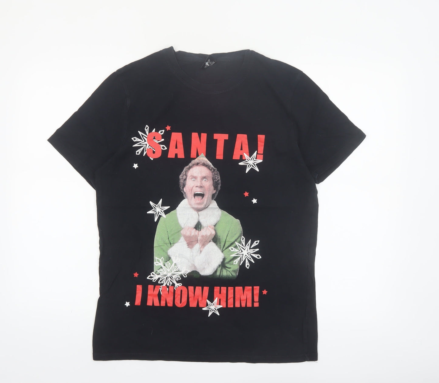 Elf Men's Black Christmas Graphic T-Shirt Size M Funny Santa Design