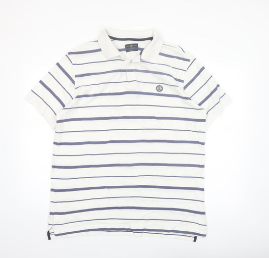 Henri Lloyd Men's White and Navy Striped Cotton Polo Shirt XL Regular
