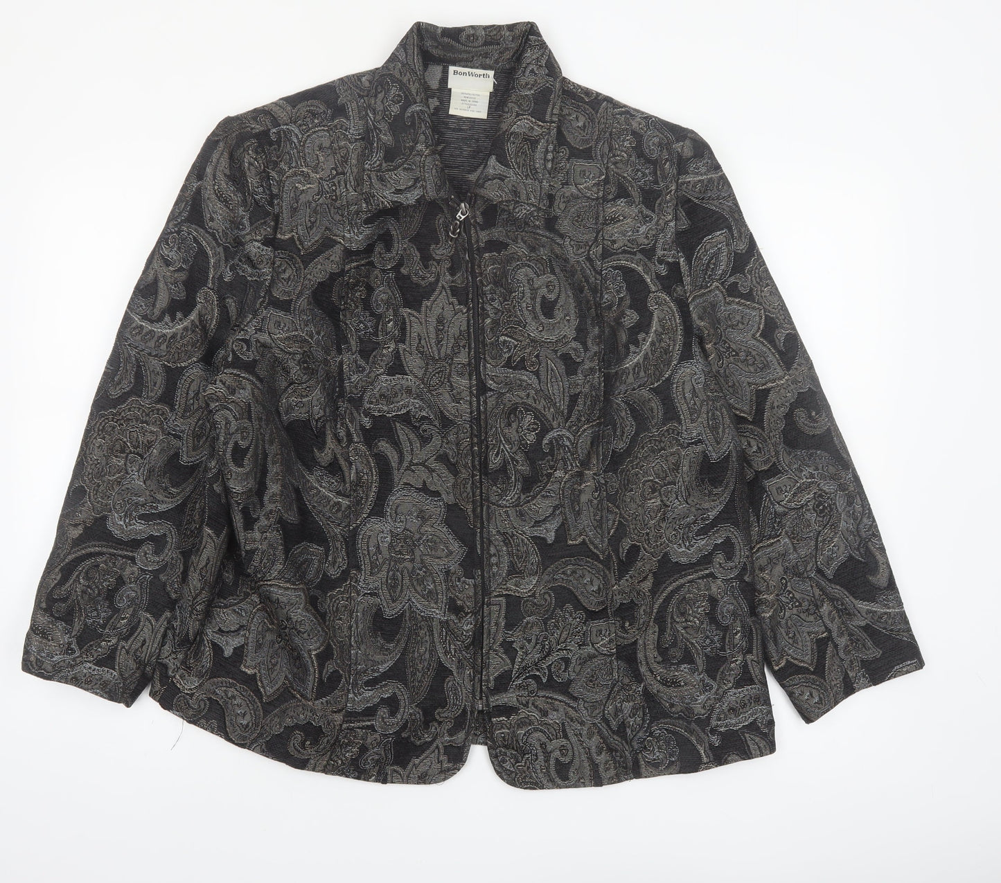 BonWorth Women’s Grey Paisley Zip Jacket L Classic Mid-Length