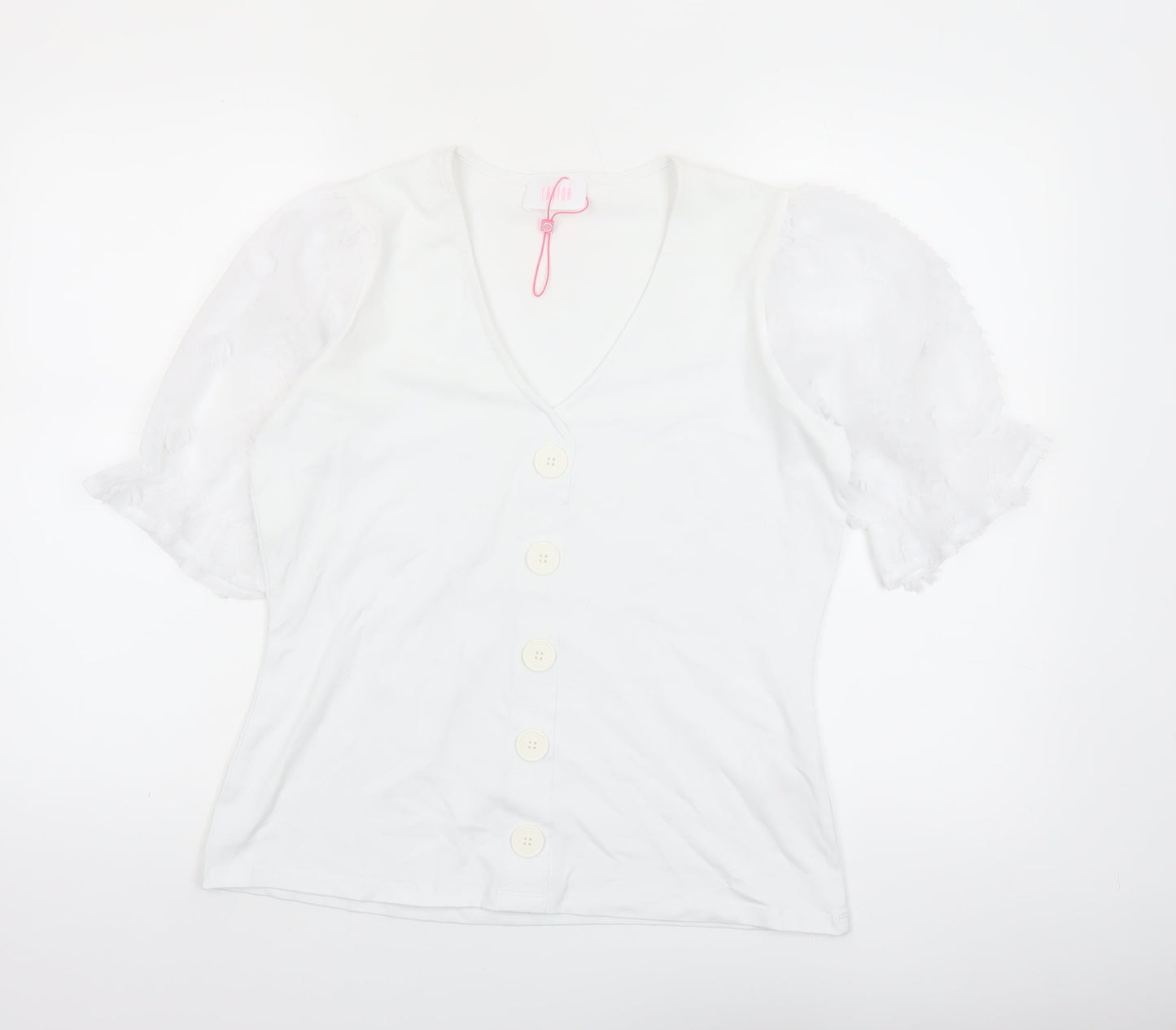 Savida Women White V-Neck Puff Sleeve Button Blouse Size 12
