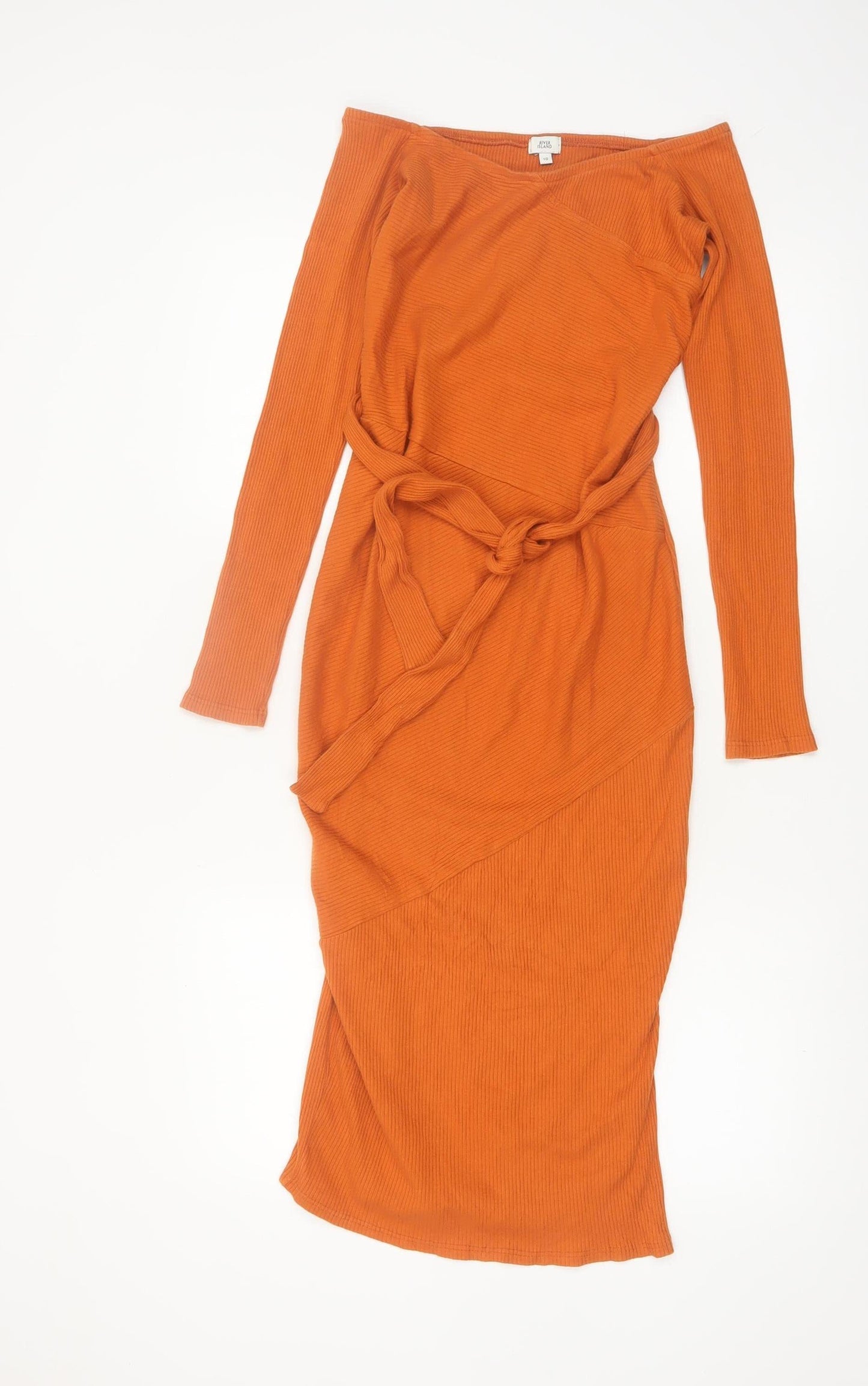 River Island Women’s Orange Off Shoulder Midi Bodycon Dress Size 10