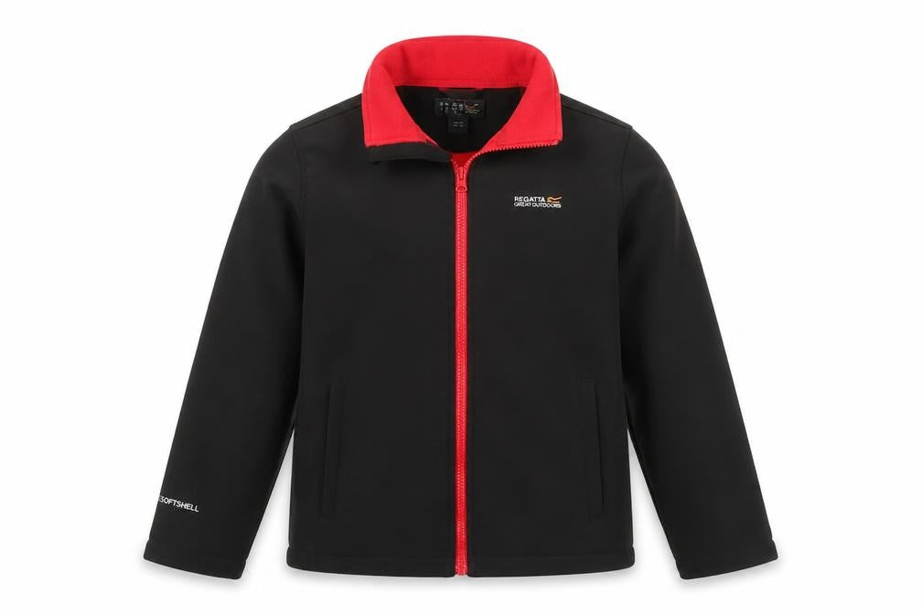 Front view of Regatta boys’ black softshell jacket 14 years full zip water resistant