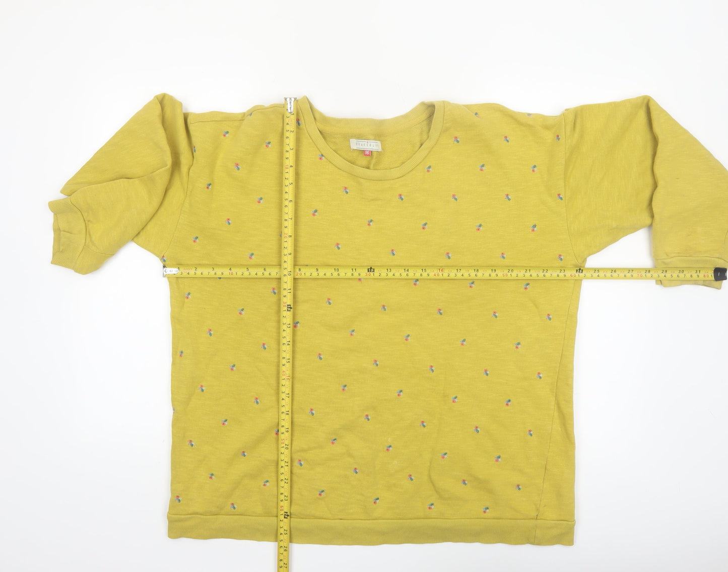 Brakeburn Womens Yellow Floral Embroidered Cotton Pullover Sweatshirt Size 16