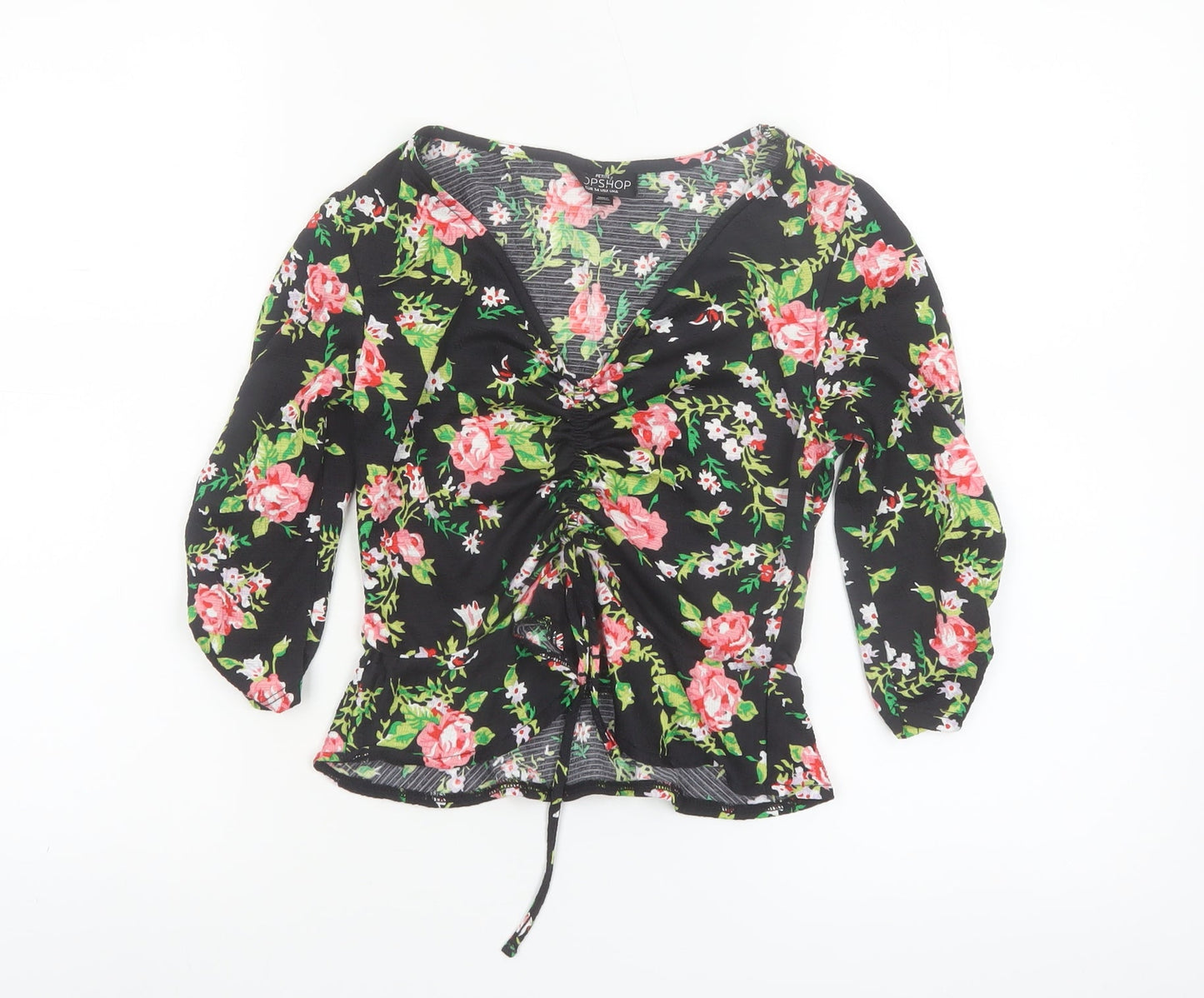 Topshop Petite Women's Black Floral V-Neck Ruched Tunic Blouse UK 6