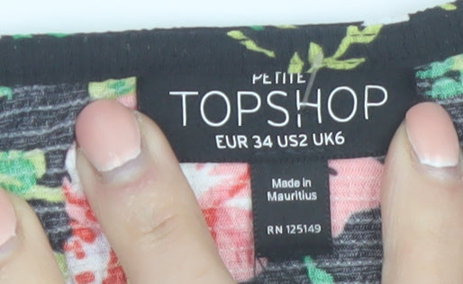 Topshop Petite Women's Black Floral V-Neck Ruched Tunic Blouse UK 6