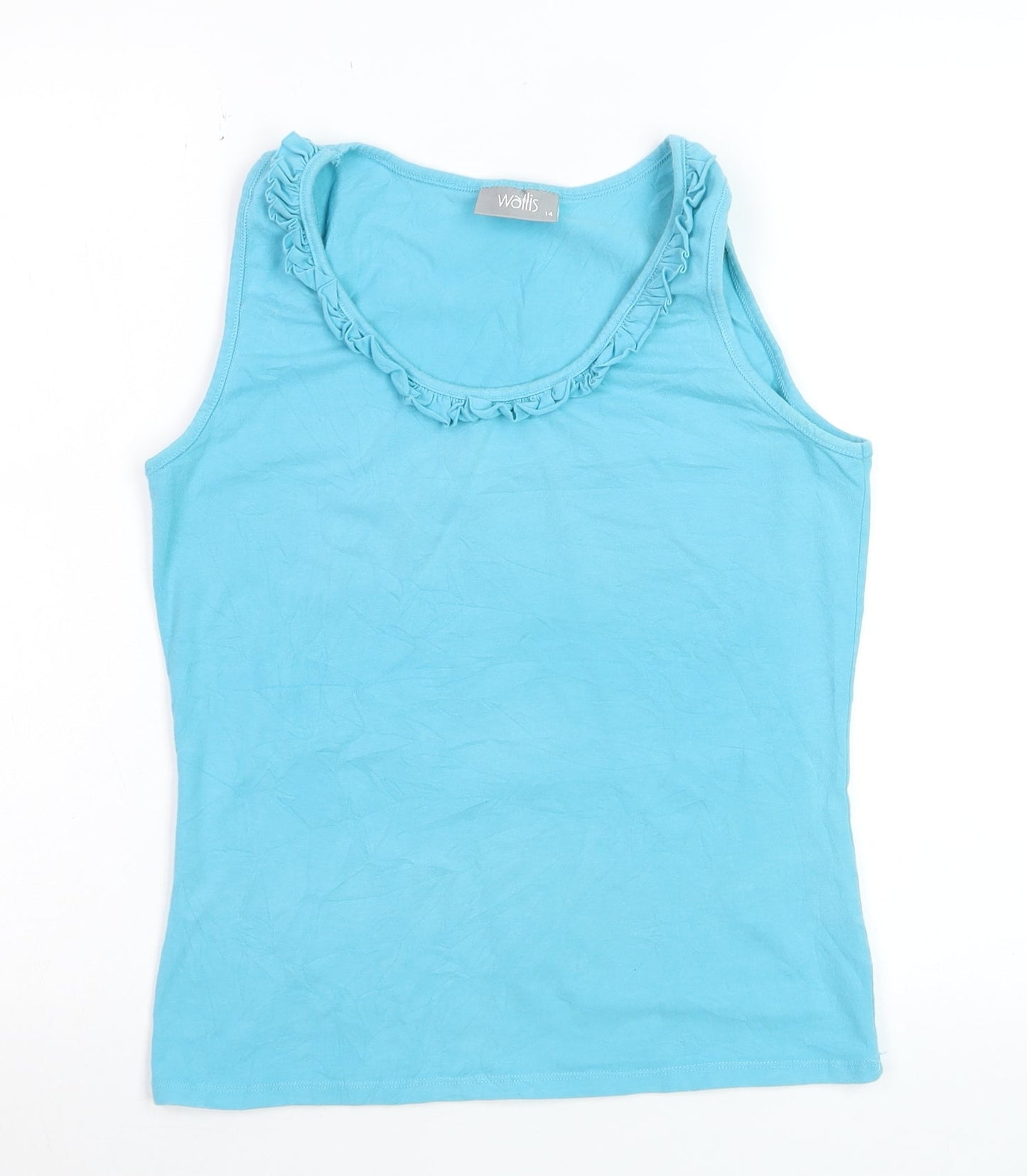 Wallis Women Blue Cotton Blend Ruffle Neck Sleeveless Tank Top Size 14