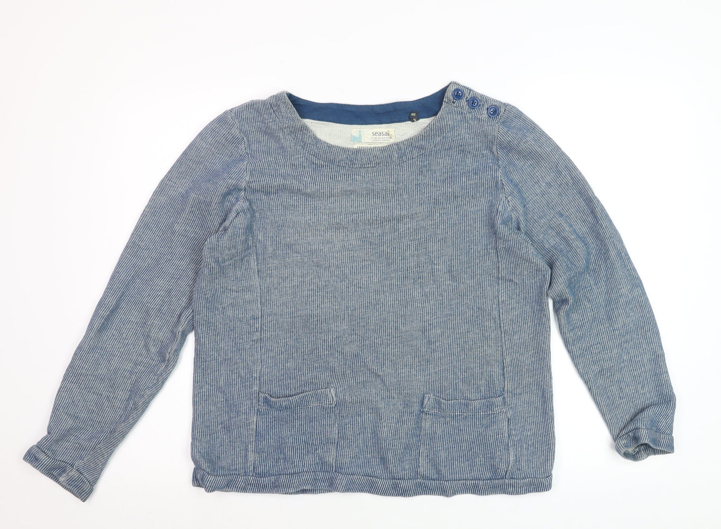 Seasalt Women Blue Cotton Long Sleeve Striped Blouse Size 10