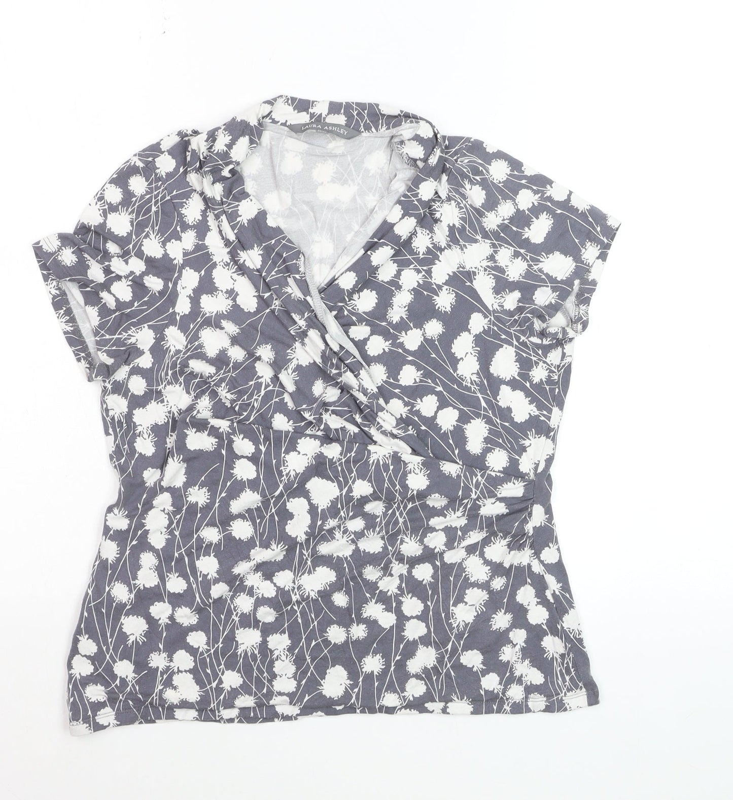Laura Ashley Women’s Grey Floral Wrap Blouse UK 14 Short Sleeve Cotton