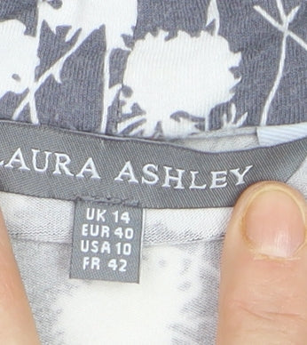 Laura Ashley Women’s Grey Floral Wrap Blouse UK 14 Short Sleeve Cotton