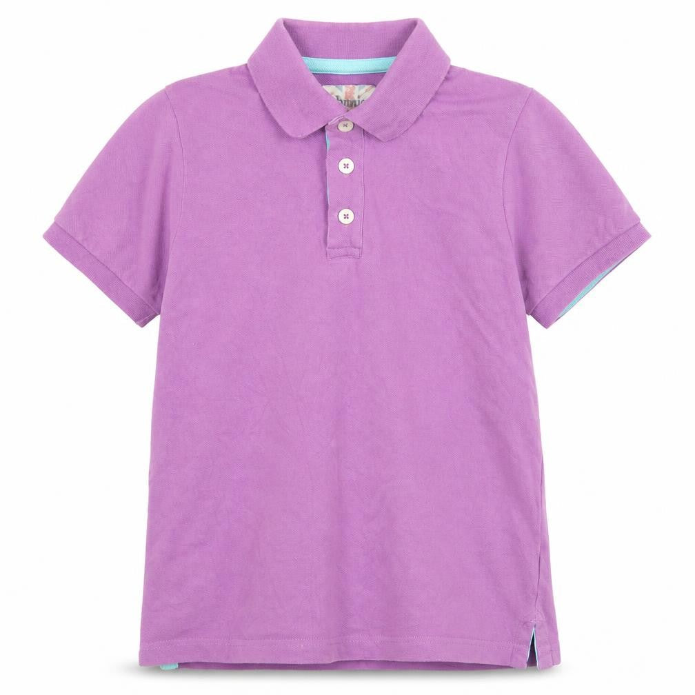 Front view of Johnnie b girls’ purple cotton polo shirt 11-12 years collared short sleeve