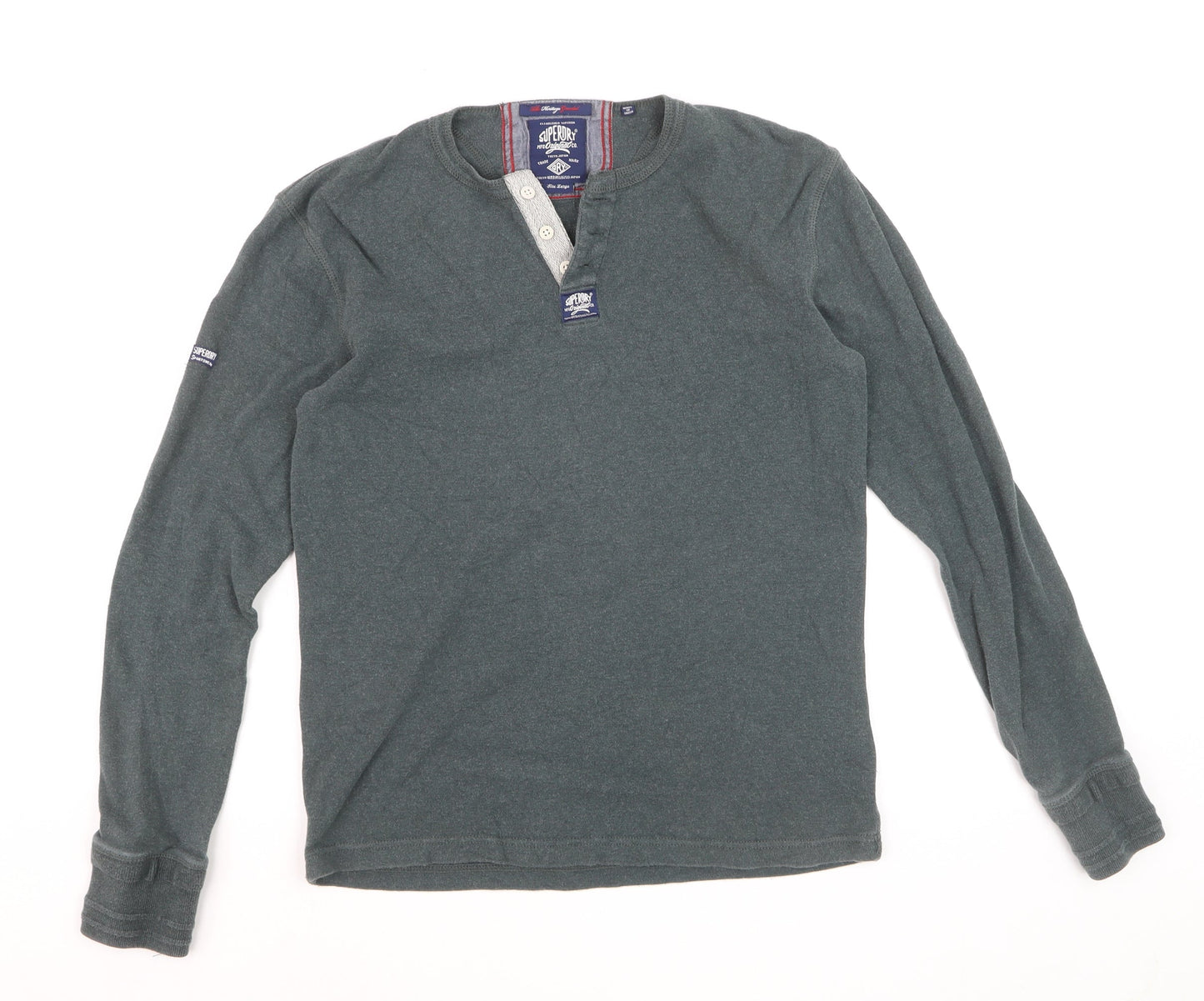 Superdry Men’s Green Long Sleeve Henley Top Size L Cotton Casual