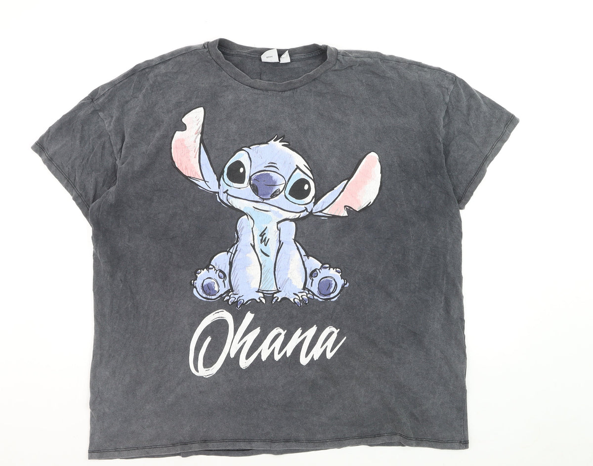 Front view of Disney Women’s Grey Ohana Stitch Graphic T-Shirt XL Cotton Casual