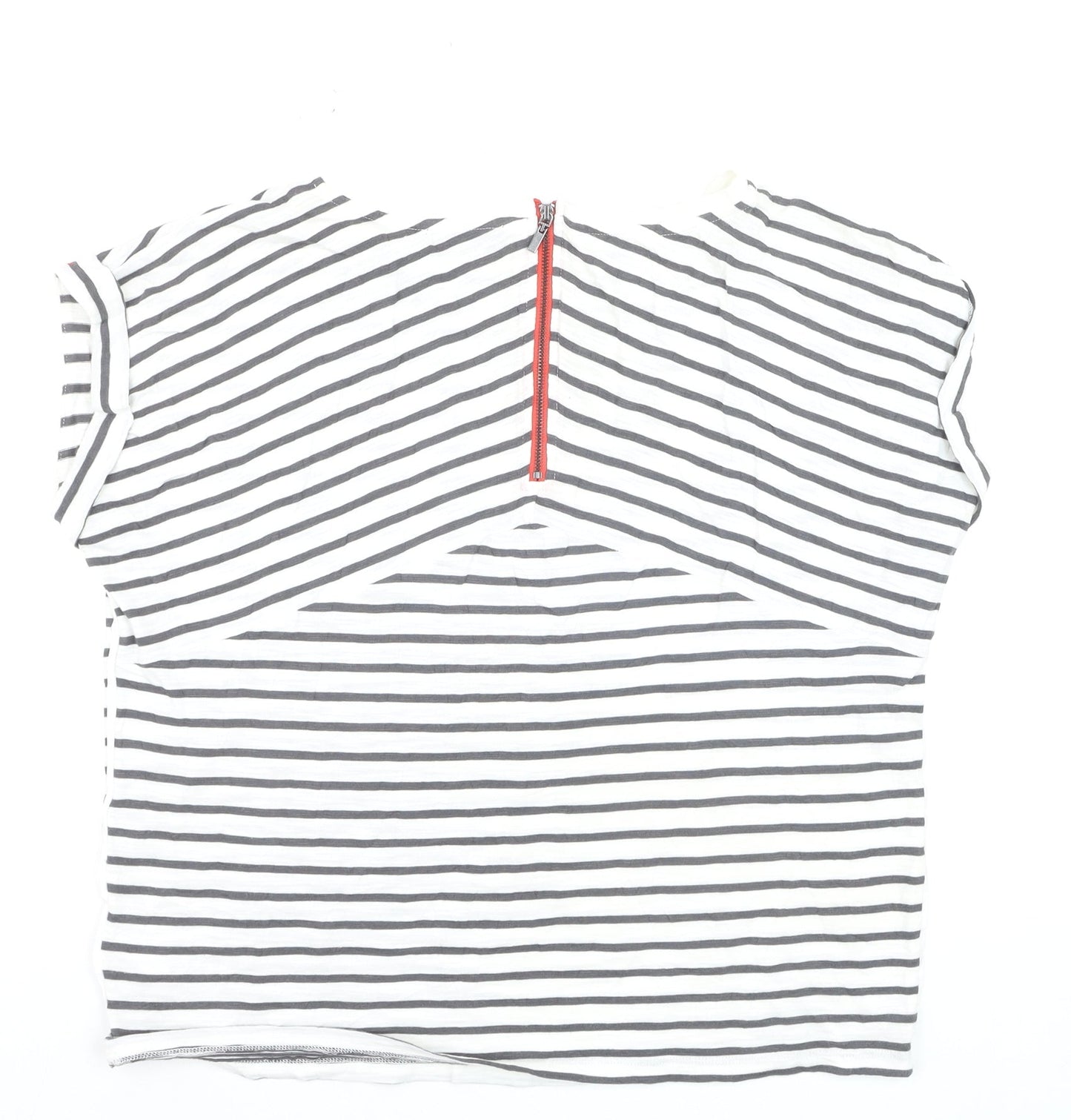 Mint Velvet Women's White Striped T-Shirt L Lips Print Zip Back