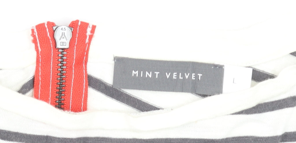 Mint Velvet Women's White Striped T-Shirt L Lips Print Zip Back