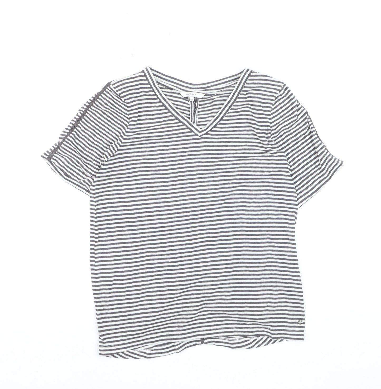 Sandwich Womens Grey Striped V-Neck Cotton T-Shirt XS