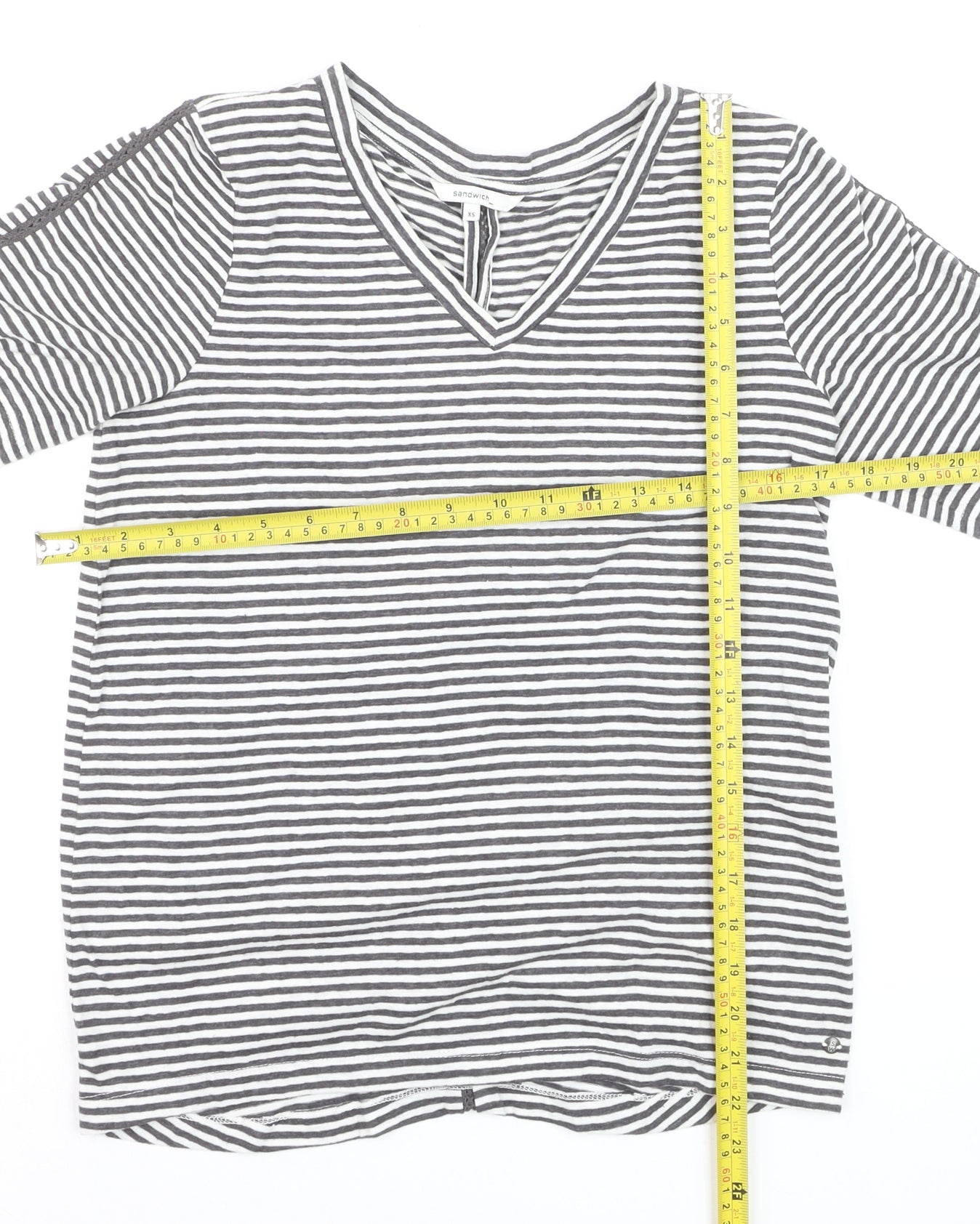 Sandwich Womens Grey Striped V-Neck Cotton T-Shirt XS