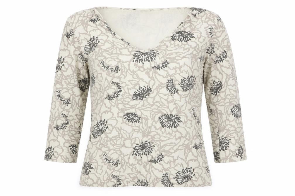 Front view of Kaliko Women’s Beige Floral V-Neck 3/4 Sleeve Stretch Tunic Blouse, size UK 10