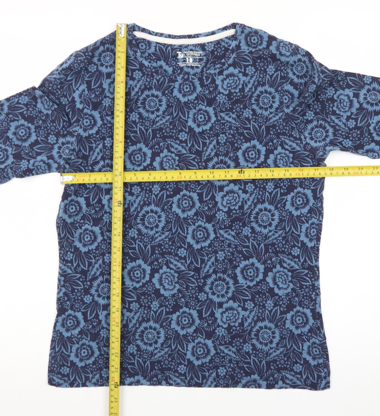 Tu Womens Blue Floral Long Sleeve Cotton T-Shirt Size 18