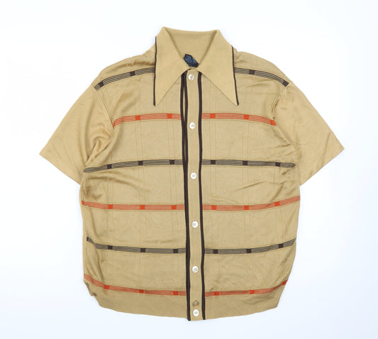 Campus Men's Beige Retro Check Collared Short Sleeve Polo M