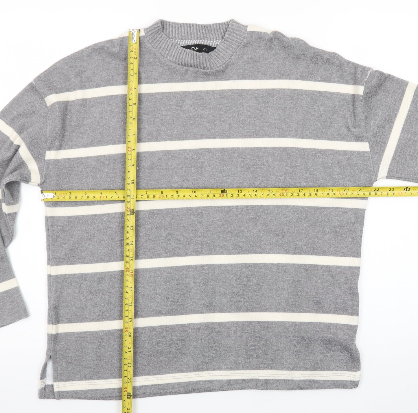 F&F Women’s Grey Striped Crew Neck Long Sleeve Pullover Jumper Size M