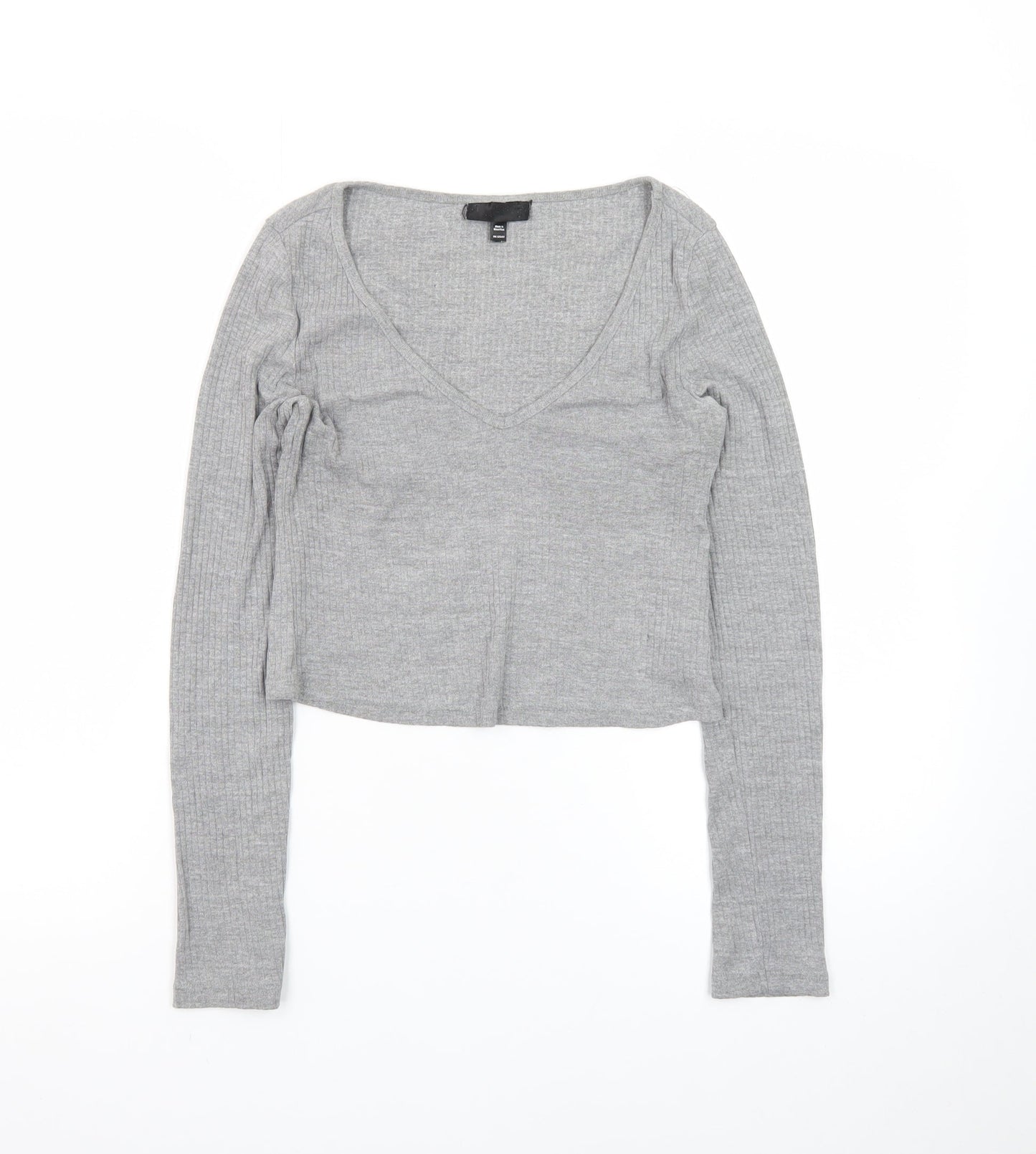 Topshop Women’s Grey Ribbed Cropped Long Sleeve V-Neck Top Size 8