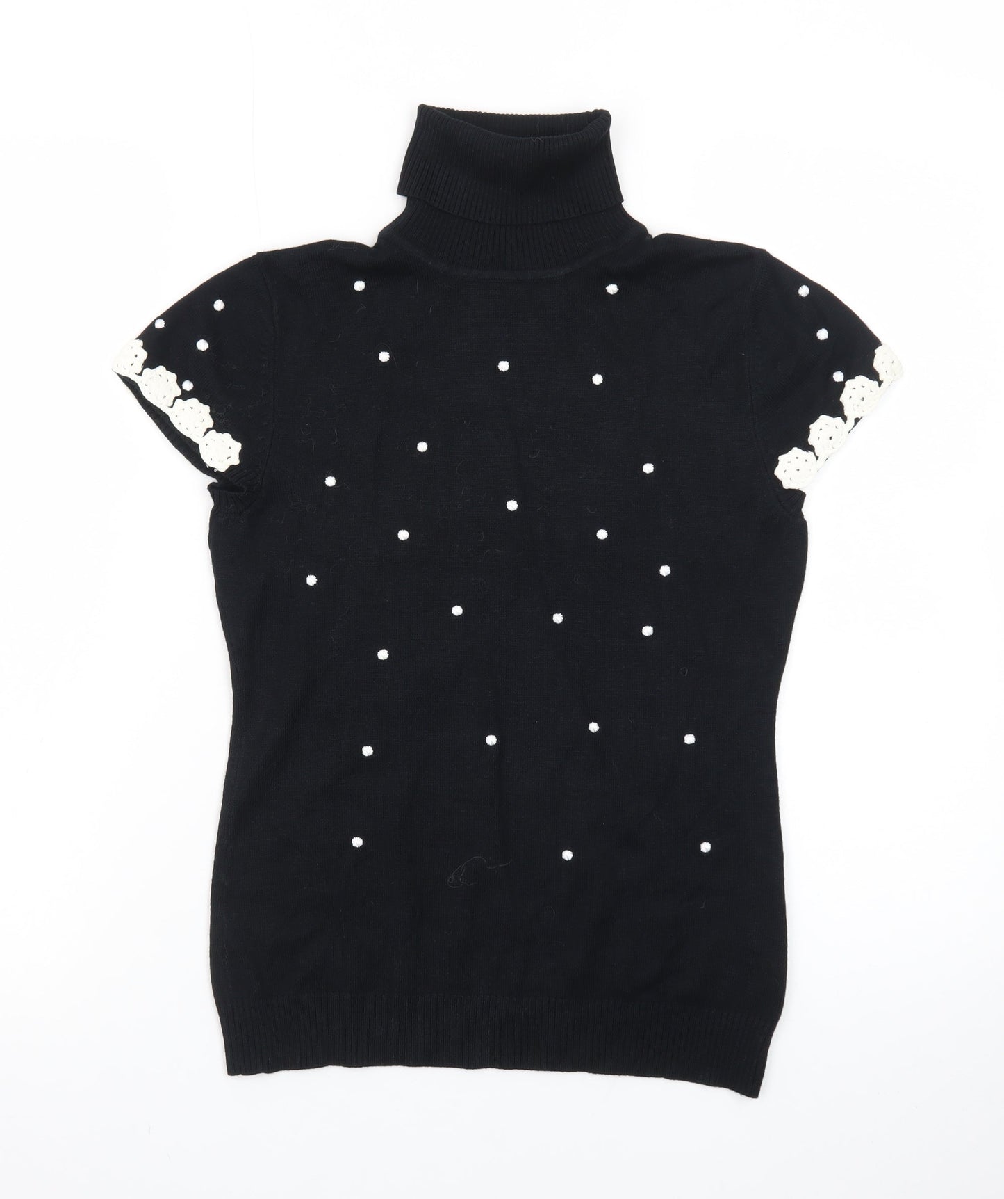 JOY London Black Roll Neck Short Sleeve Polka Dot Jumper Womens M
