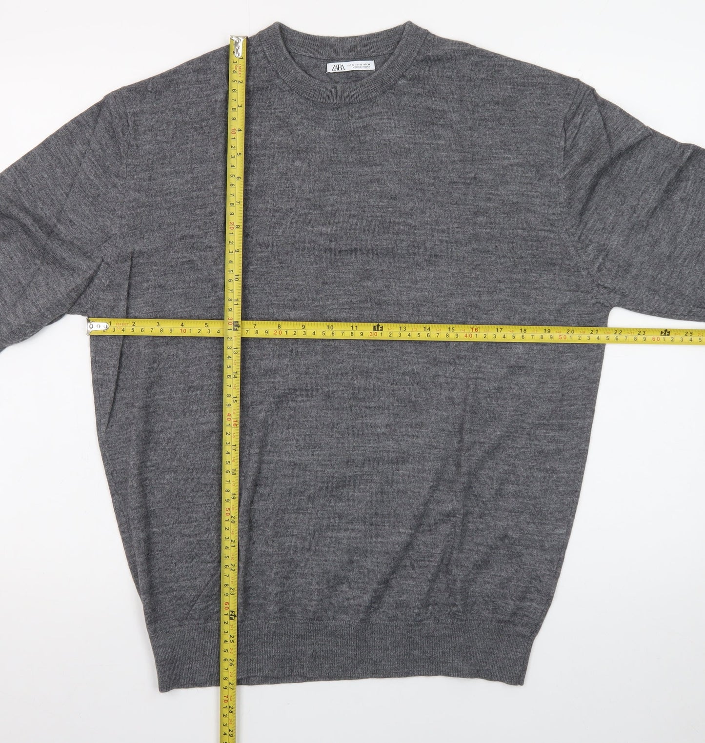 Zara Men's Grey Wool Crew Neck Pullover Jumper XL