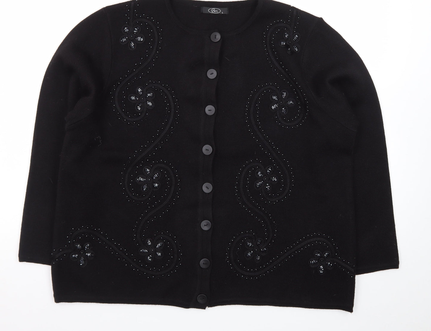 Bm Women Black Beaded Button Cardigan L Long Sleeve Classic