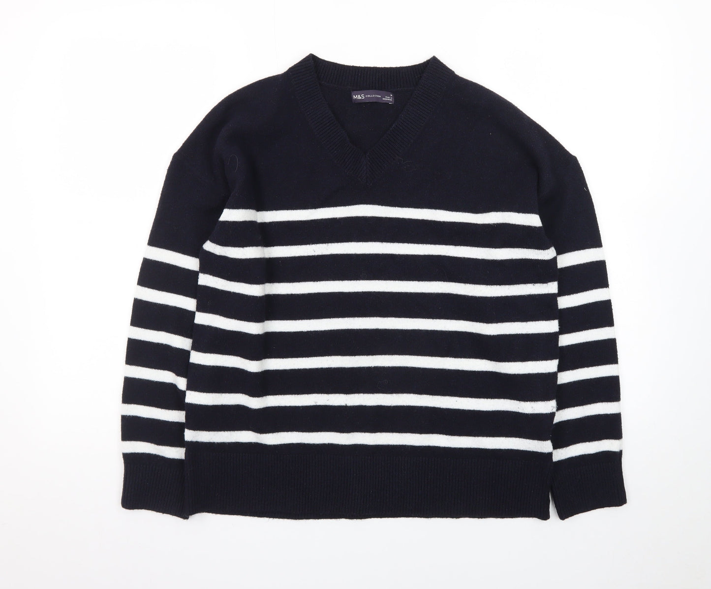 Marks and Spencer Women's Navy Stripe V-Neck Jumper Medium