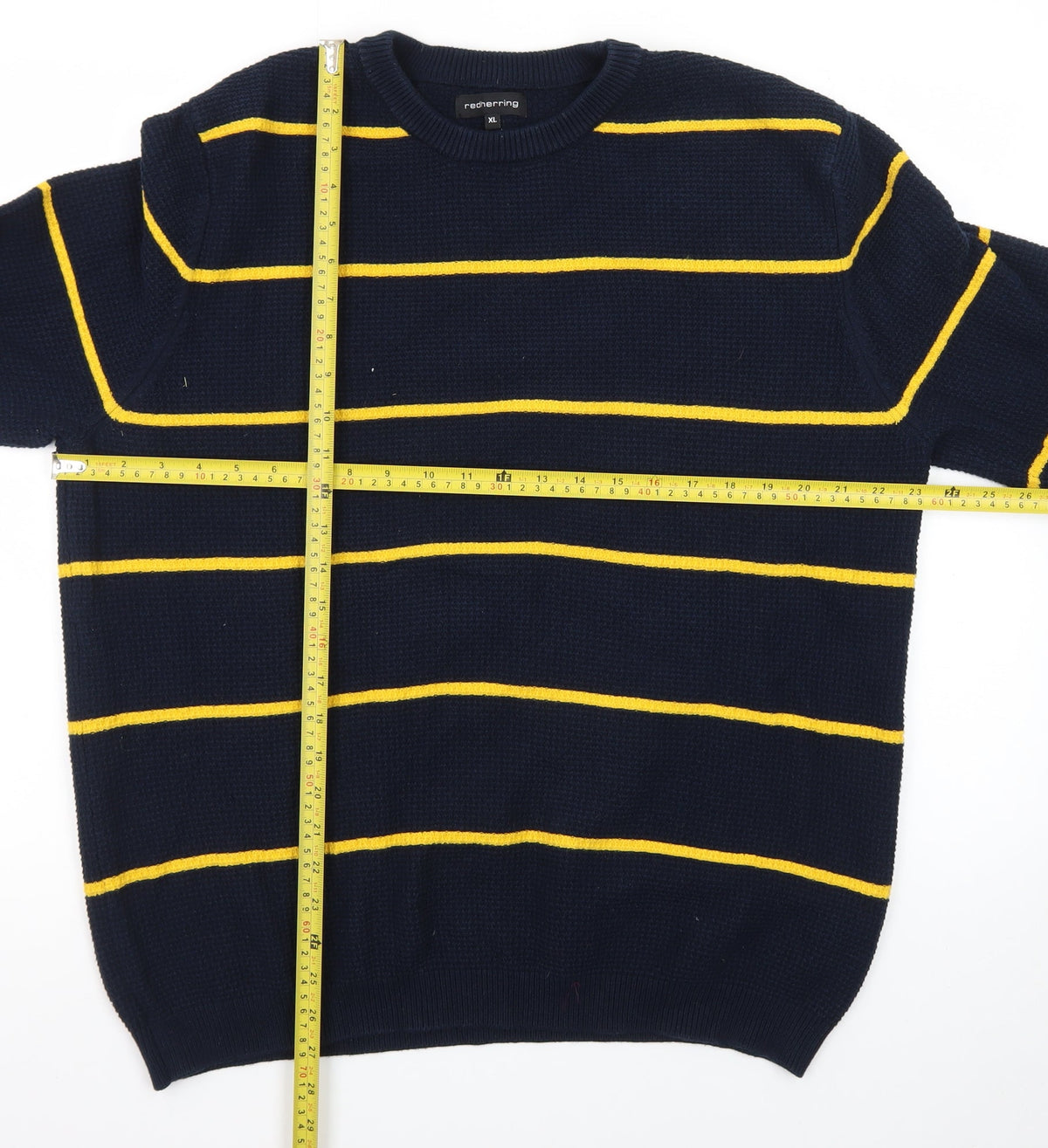 Close-up detail of Red Herring Men's Blue Striped Waffle Knit Crew Neck Jumper XL
