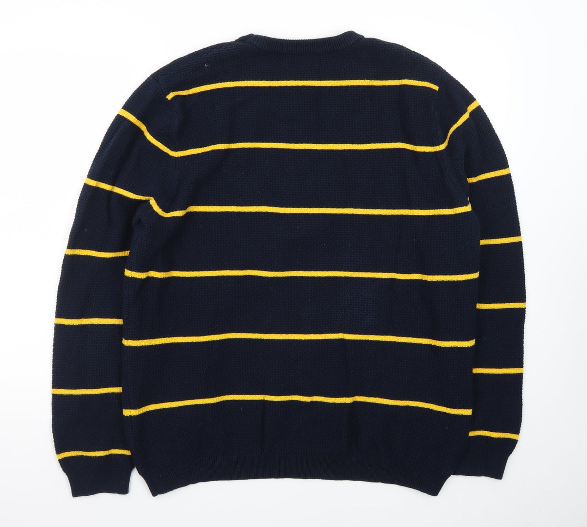 Brand and care label for Red Herring Men's Blue Striped Waffle Knit Crew Neck Jumper XL