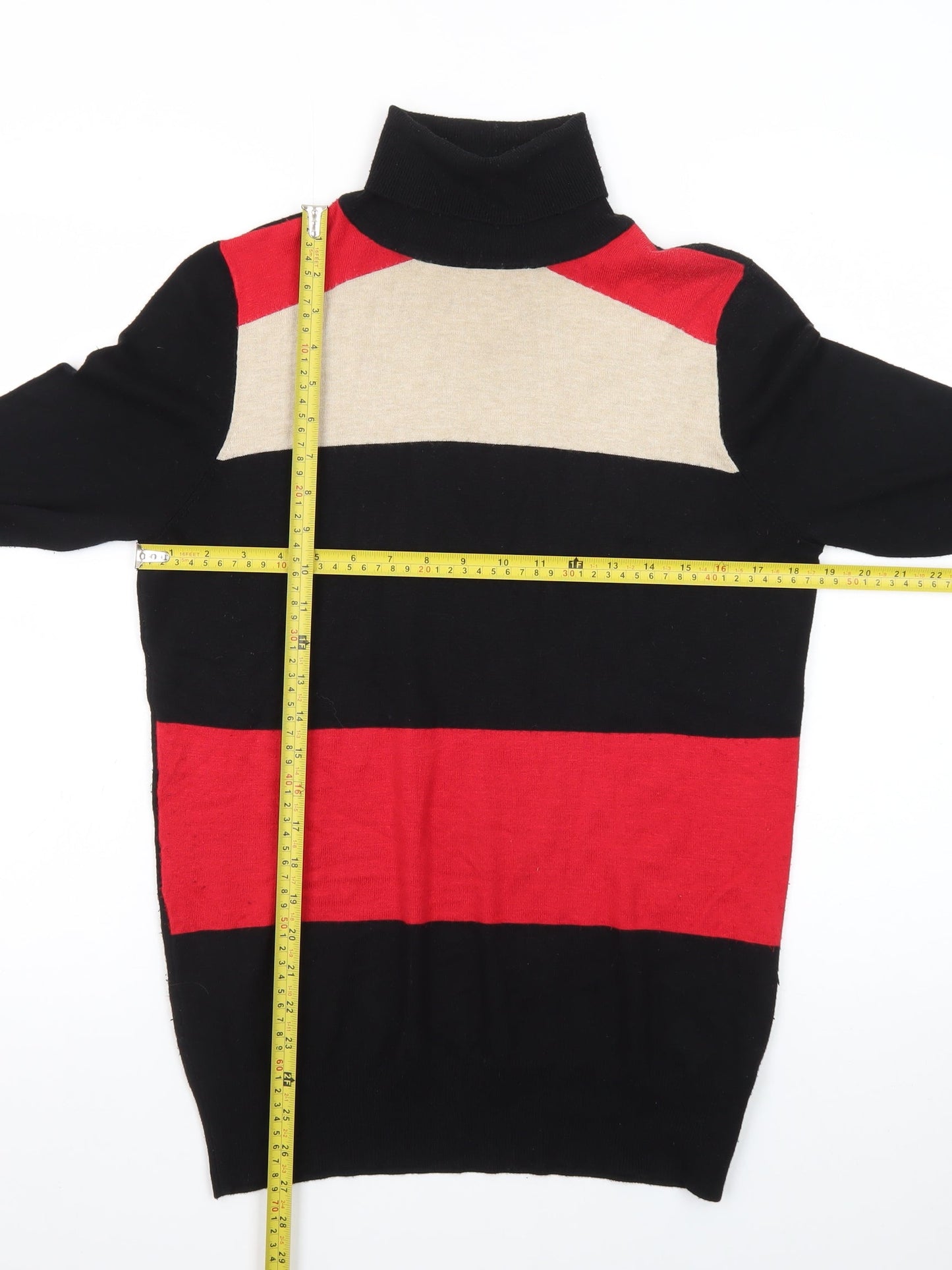 Wallis Women’s Black Red Beige Roll Neck Striped Jumper Size 14