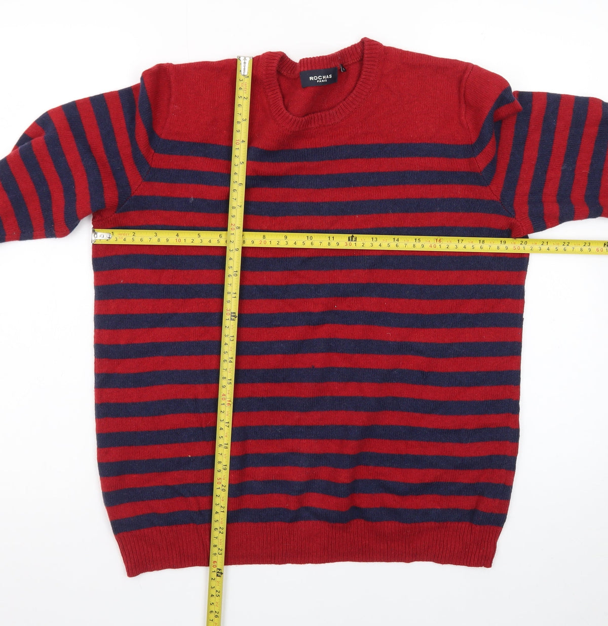 Close-up detail of Rochas Men's Red Striped Crew Neck Knit Jumper, size S