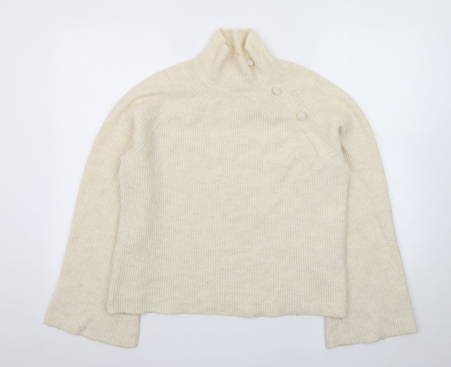 Vero Moda Womens Ivory High Neck Button Ribbed Knit Jumper Size S