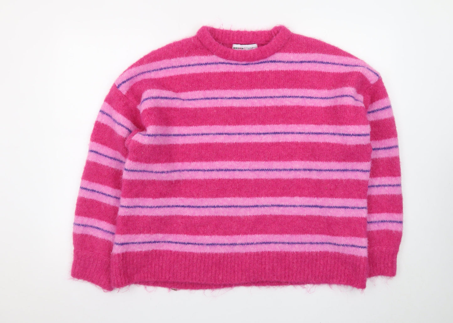 Bershka Women Pink Striped Crew Neck Knit Jumper XS