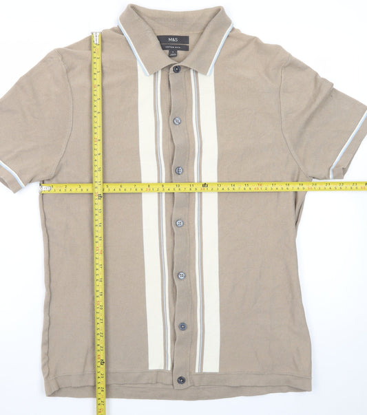 Marks and Spencer Men's Beige Short Sleeve Button-Up Polo Shirt Size M Cotton Rich