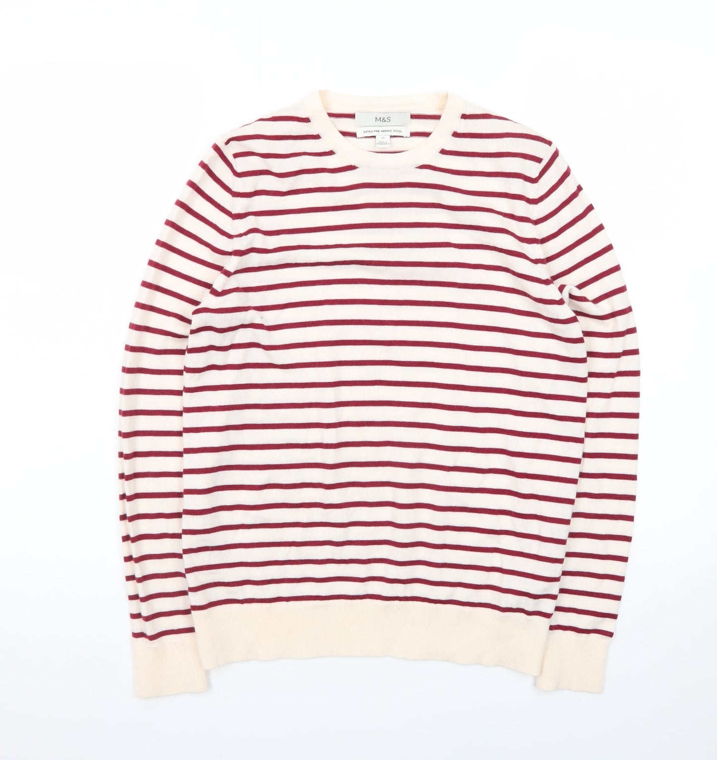 Marks and Spencer Women Red Stripe Merino Wool Jumper Size 12