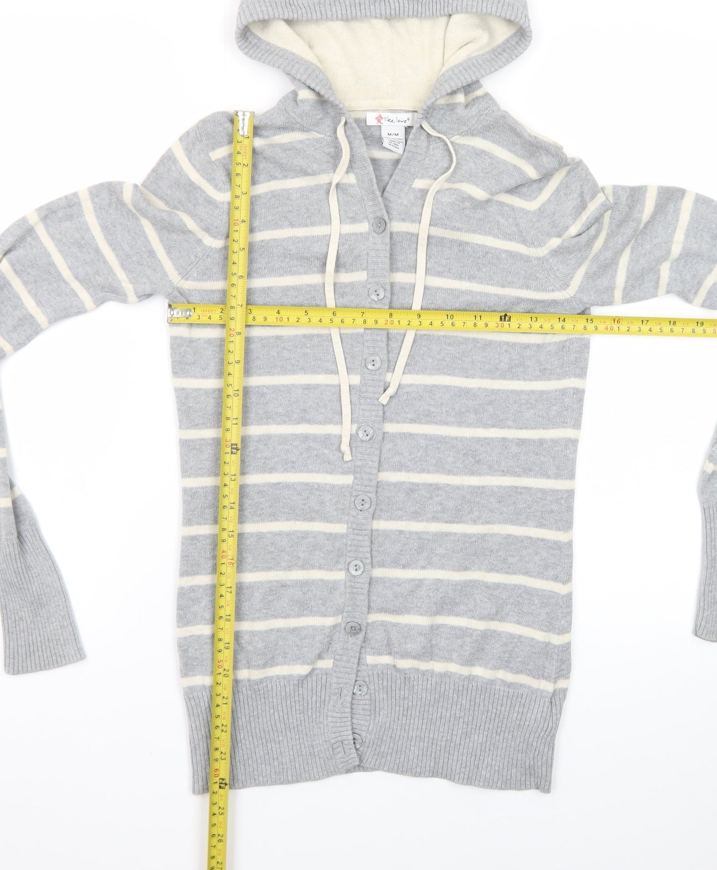 Like Love Women Grey Striped Hooded Cardigan M 100% Cotton Knit