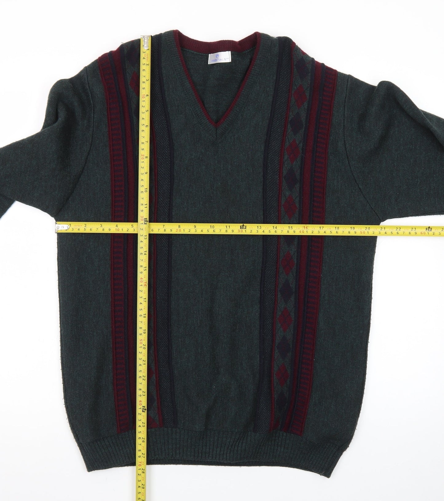 Essentials Men's Green Argyle V-Neck Pullover Jumper Size S