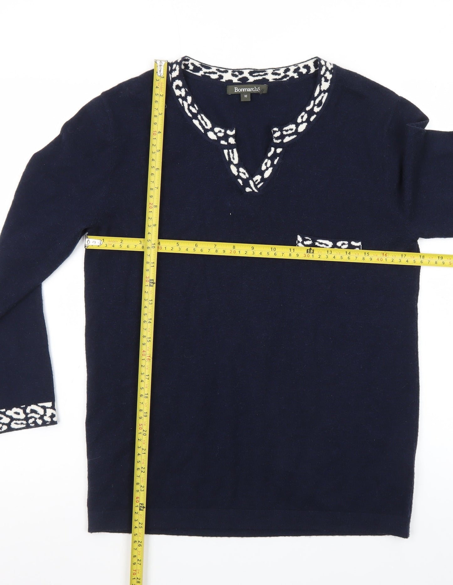 Bonmarché Women’s Blue Animal Trim V-Neck Jumper Size 10