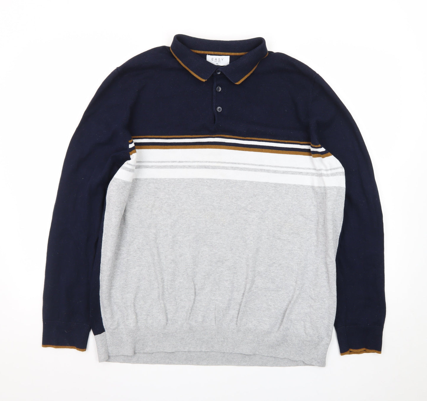 EASY Men's Blue & Grey Striped Collared Pullover Jumper XL