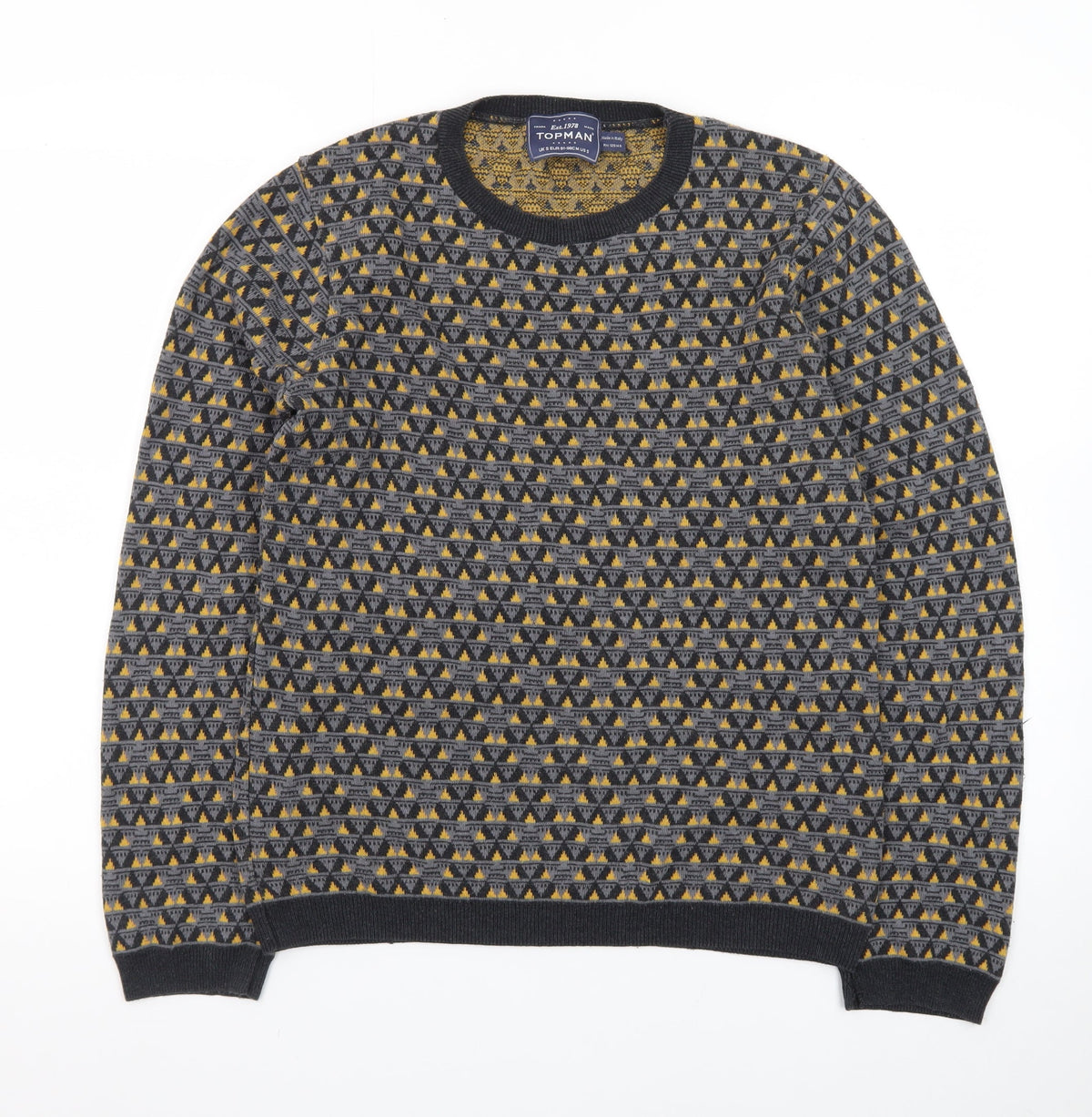 Back view of Topman Men's Grey Geometric Knit Crew Neck jumper, size S