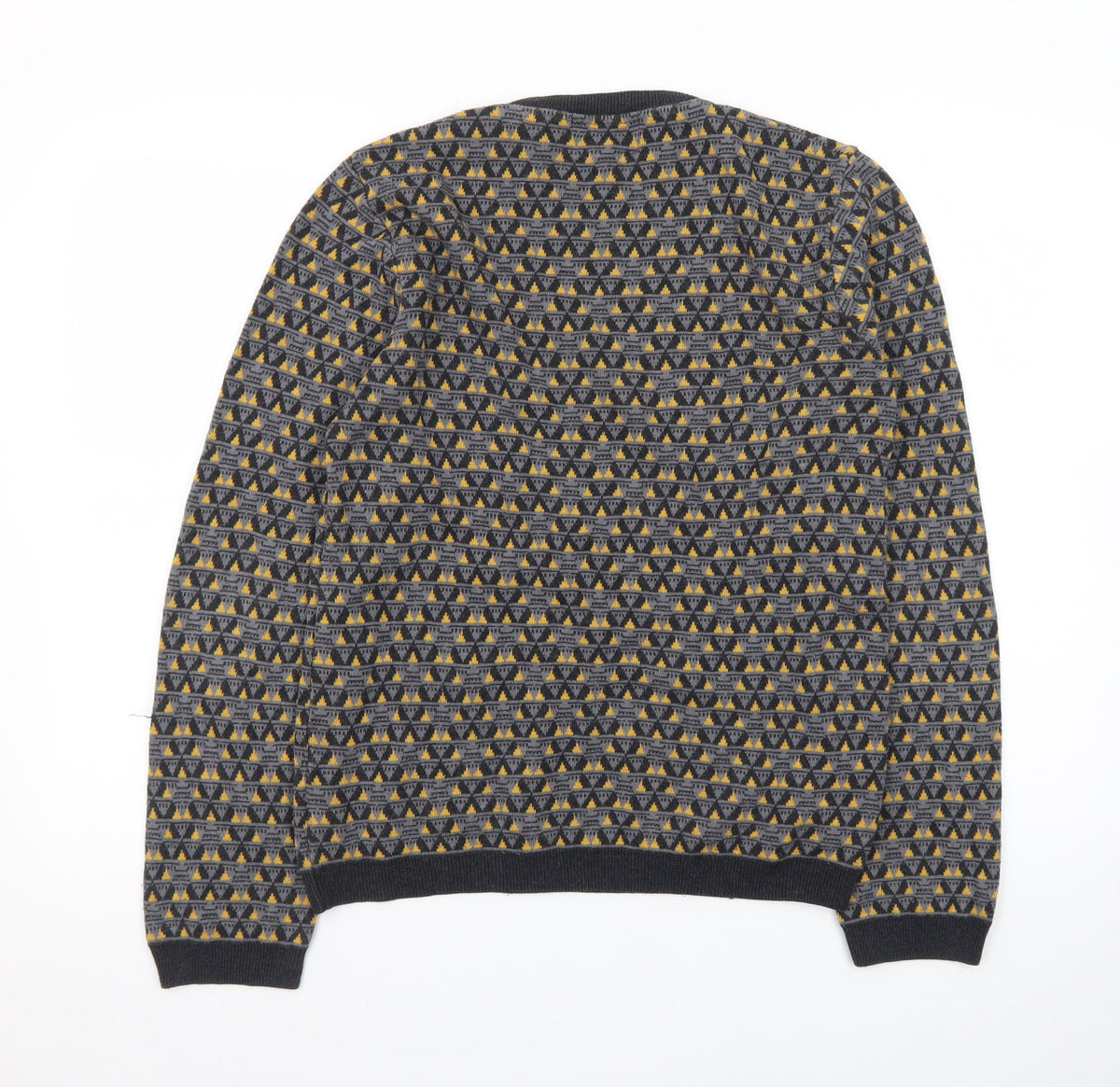Brand and care label for Topman Men's Grey Geometric Knit Crew Neck jumper, size S