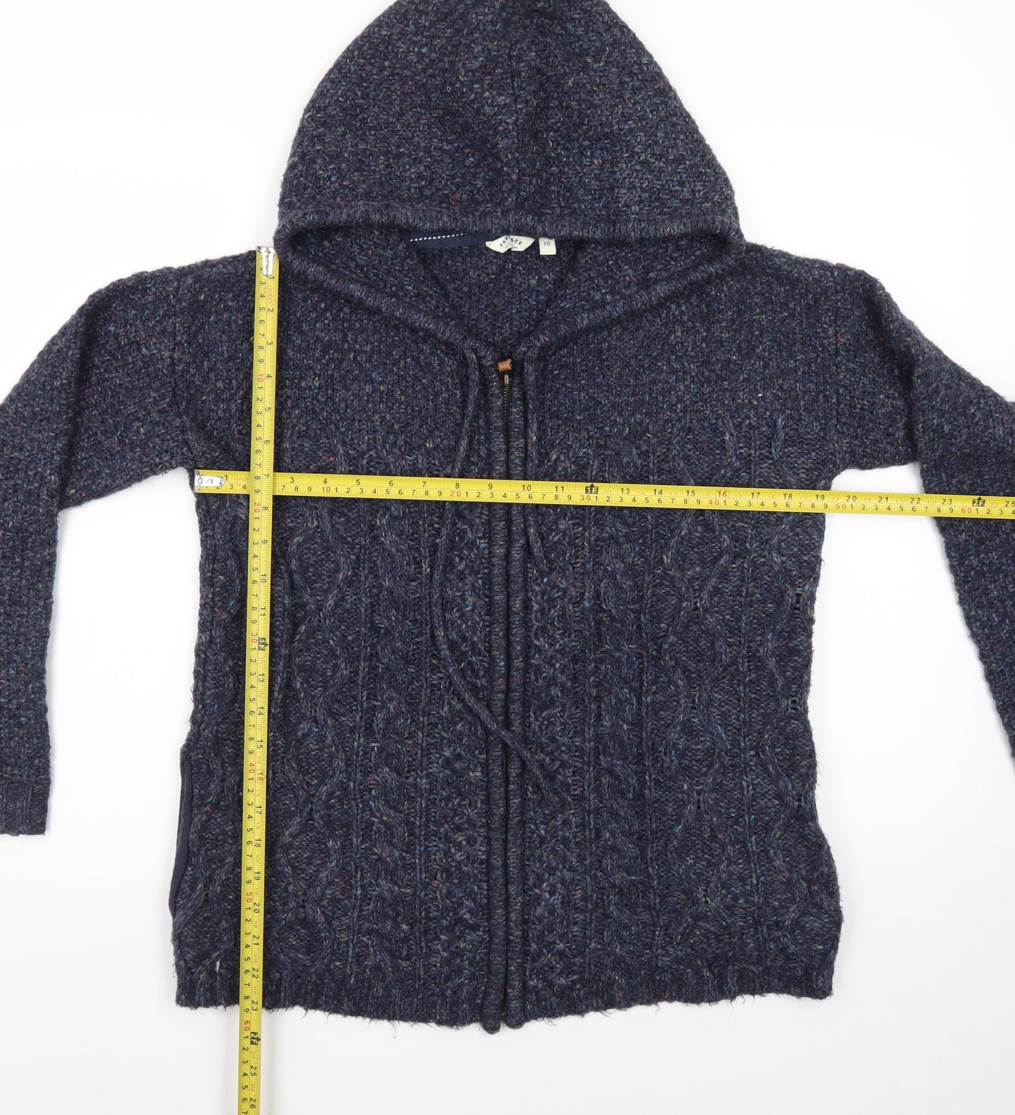 FatFace Women's Blue Wool Blend Hooded Cable Knit Zip Jumper Size 10