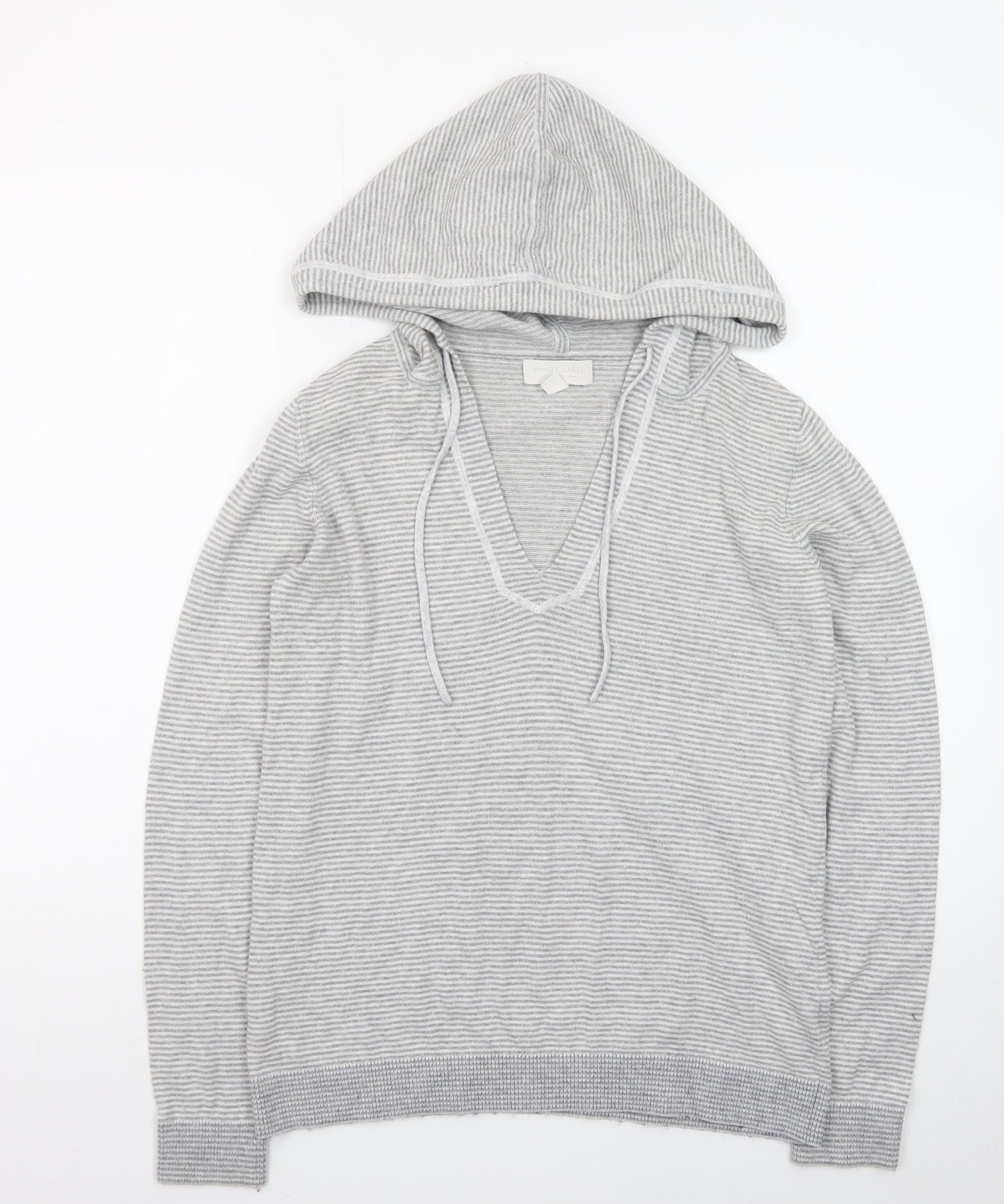 The White Company Womens Grey XS Striped V-Neck Hooded Cotton Jumper
