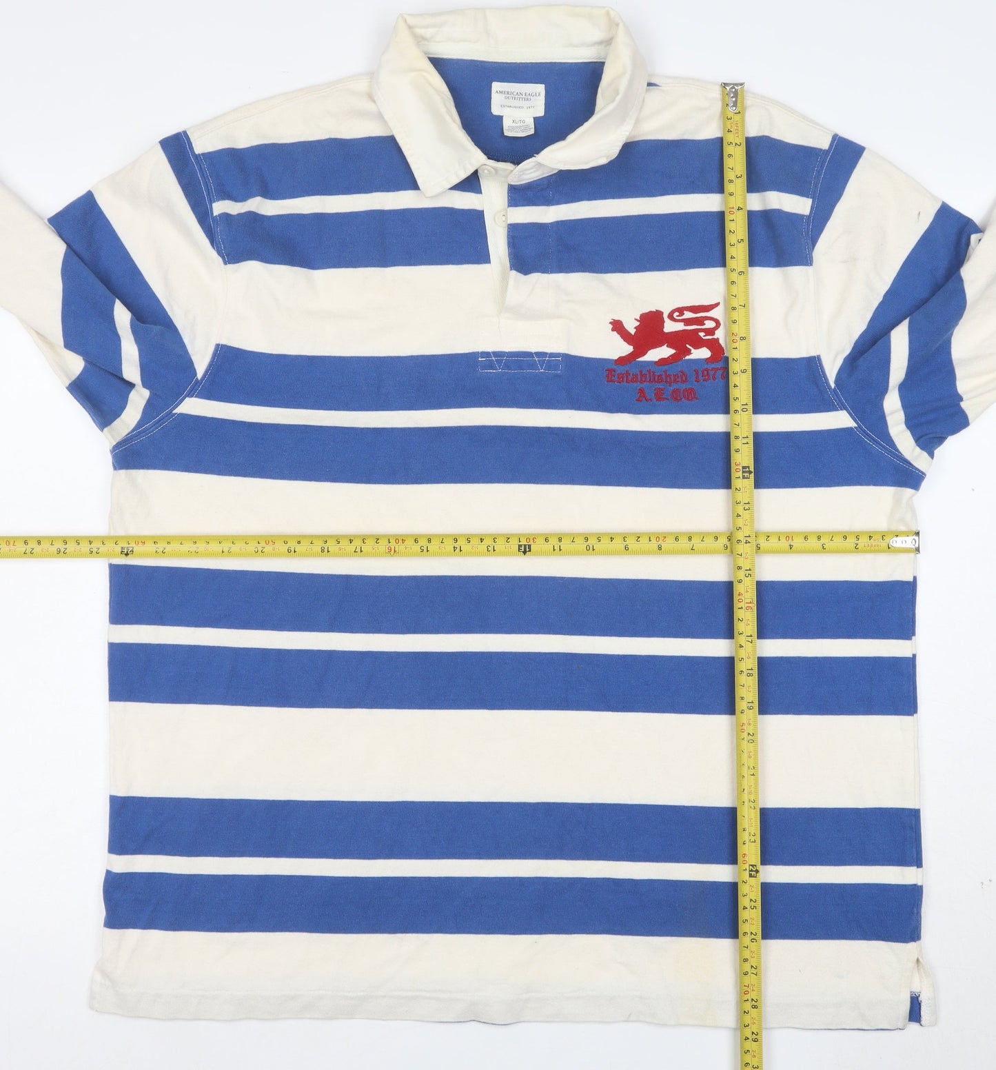 American Eagle Outfitters Men's Blue & Ivory Striped Long Sleeve Polo XL