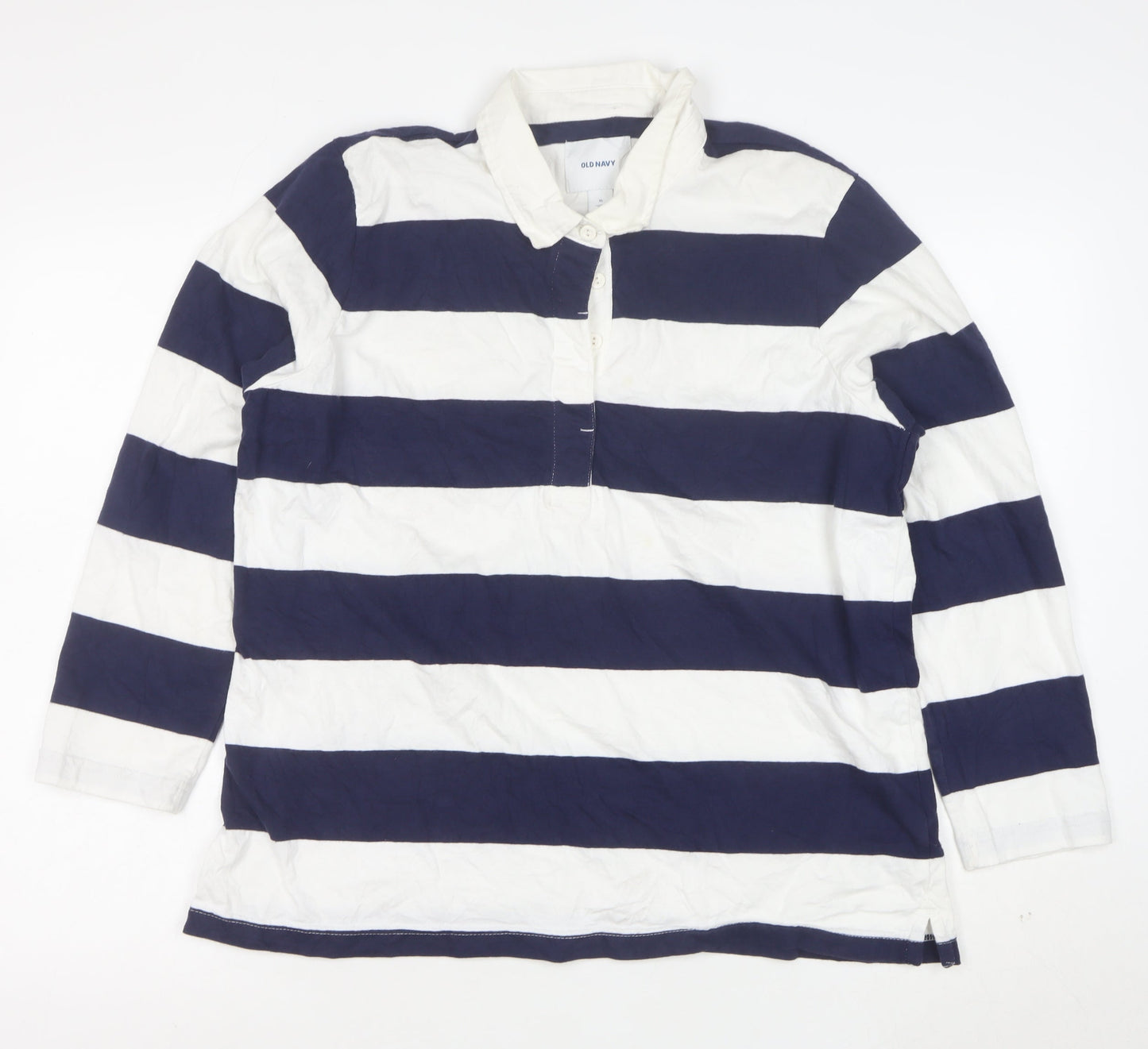 Old Navy Women's Blue White Striped Polo Shirt XL Long Sleeve Cotton