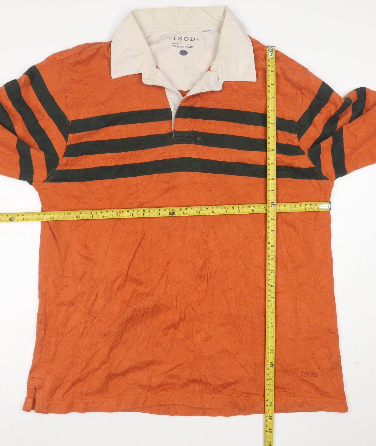IZOD Men’s Orange Long Sleeve Rugby Polo Shirt L Striped Cotton